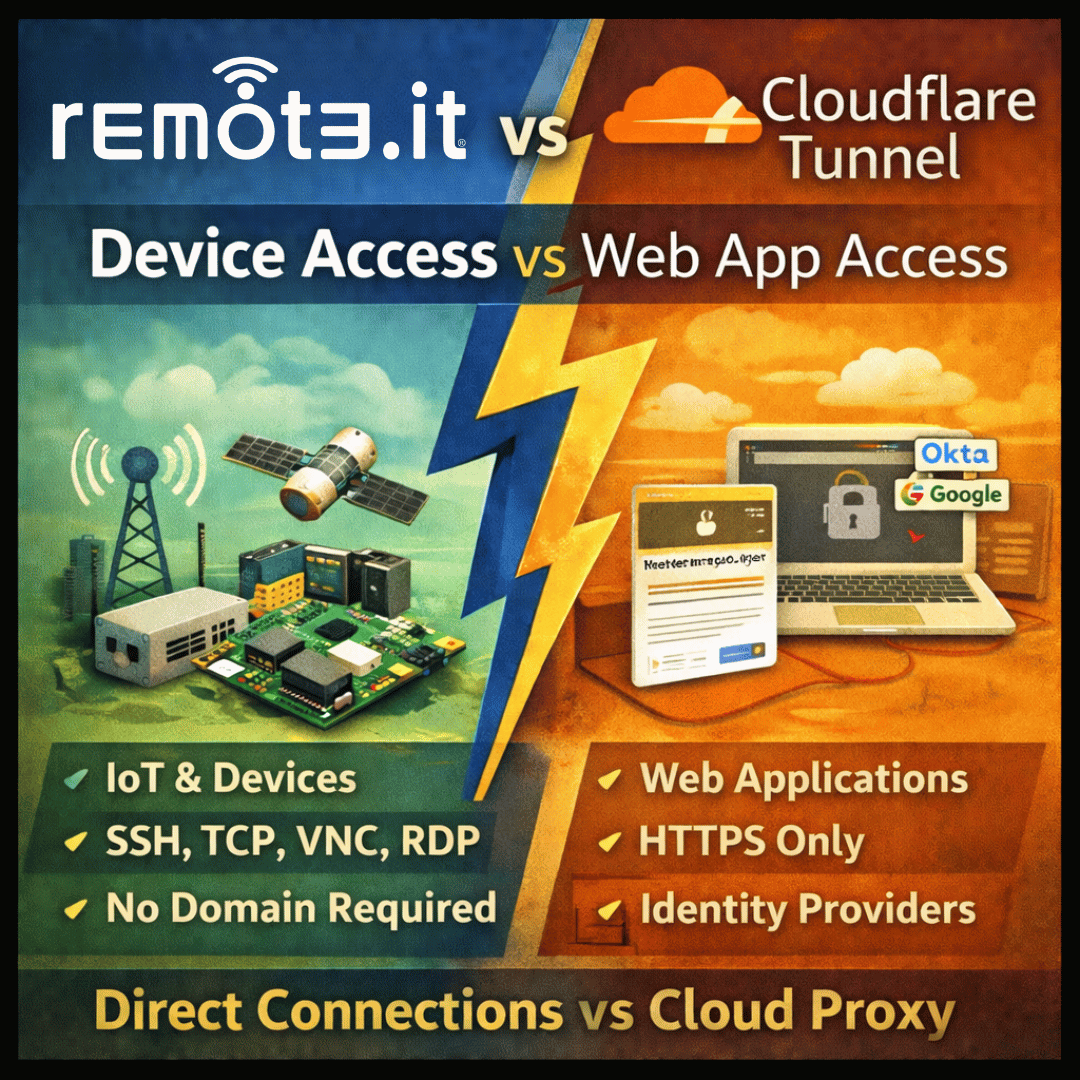 Compare remote.it vs Cloudflare Tunnel to understand the difference between device-level access and web app tunneling. Learn which solution fits your use case, from SSH and IoT connectivity to identity-based HTTP access, with a clear breakdown of features, protocols, and pricing.