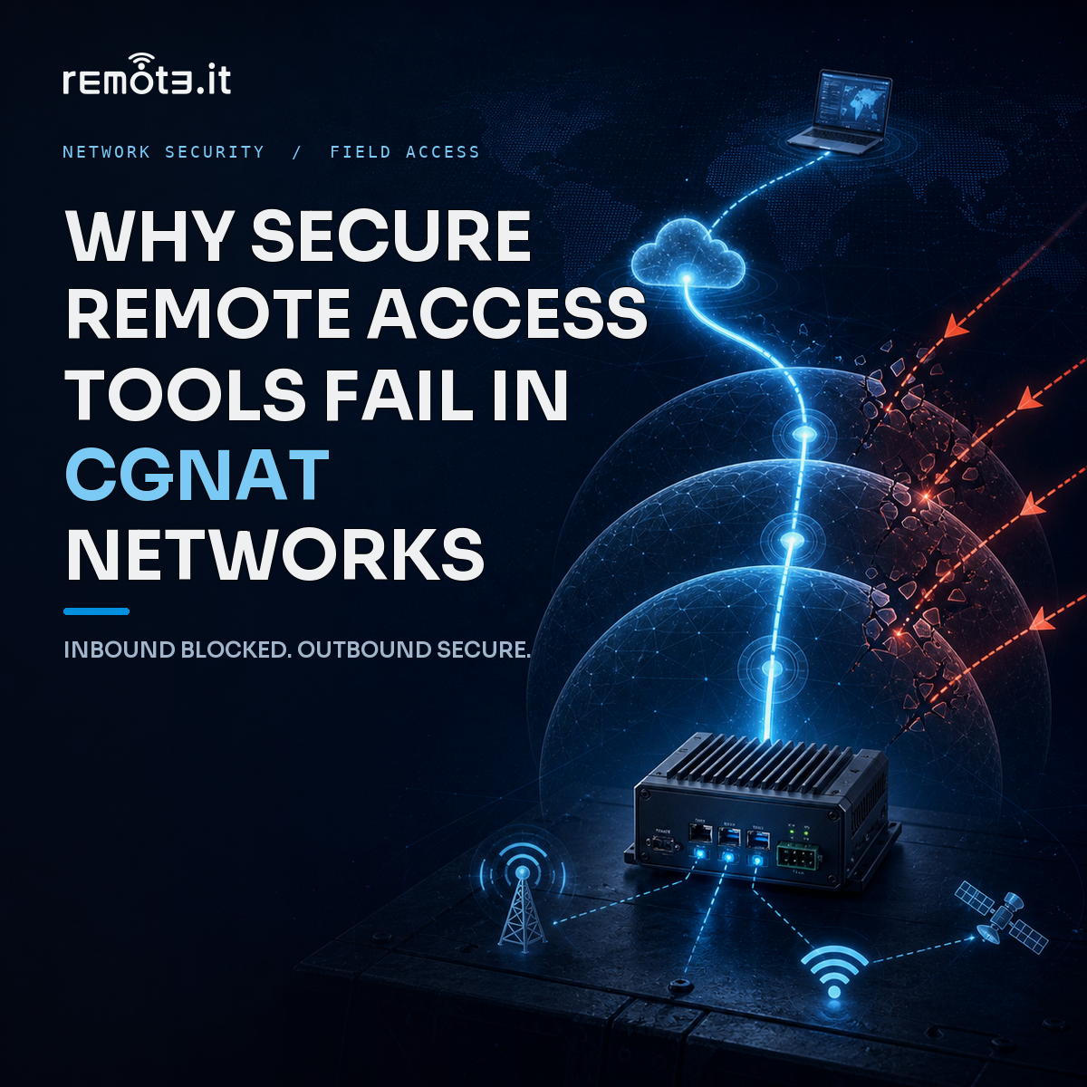 Secure remote access from a field device through outbound-only connections while CGNAT blocks inbound traffic.